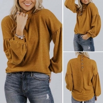 Fashion Solid Color Lantern Sleeve Stand Collar Knit Top