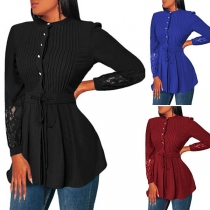 Fashion Solid Color Lace Spliced Long Sleeve Stand Collar Shirt 