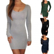 Simple Style Long Sleeve Round Neck Solid Color Slim Fit Dress