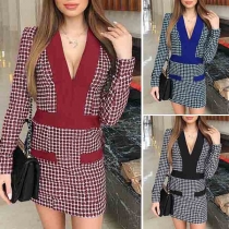 Sexy V-neck Long Sleeve Slim Fit Plaid Dress