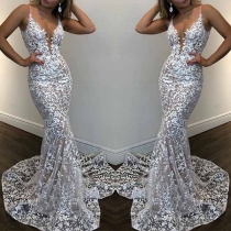 Sexy Deep V-neck Floor-length Sling Lace Party Dress