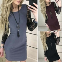 Fashion Lace Spliced Long Sleeve Round Neck Slim Fit Dress