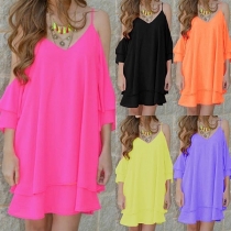 Sexy Off-shoulder Lotus Sleeve V-neck Solid Color Loose Sling Dress