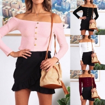 Sweet Solid Color Boat-neck Long Sleeve Single-breasted Top