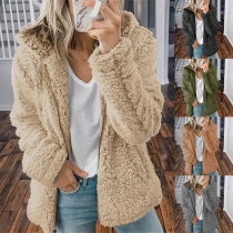 Fashion Solid Color Long Sleeve Side Pockets Hooded Sweater