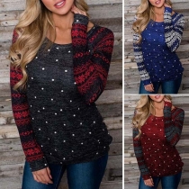 Fashion Contrast Color Round-neck Long Sleeve Wave Points Top 