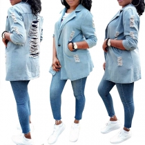 Fashion Long Sleeve Notched Lapel Ripped Denim Coat 