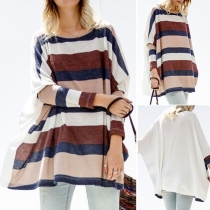 Fashion Contrast Color Round-neck Long Sleeve Loose Striped Batwing Shirt