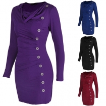 Fashion Solid Color Long Sleeve Side Buttons Slim Fit Dress