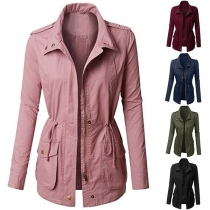 Fashion Solid Color Long Sleeve Drawstring Waist Windbreaker Coat