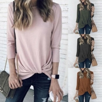 Fashion Solid Color Round-neck Long Sleeve Irrgular Hemline Knitted Top