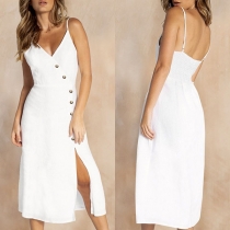 Sexy Backless V-neck Slit Hem Single-breasted Sling Dress