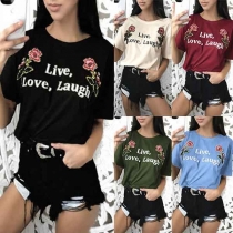 Fashion Rose Letters Printed Short Sleeve Round Neck T-shirt