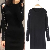 Fashion Solid Color Long Sleeve Round Neck Slim Fit Dress