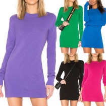 Simple Style Long Sleeve Round Neck Solid Color Slim Fit Dress