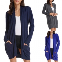 Simple Style Solid Color Long Sleeve Front-pocket Knit Cardigan