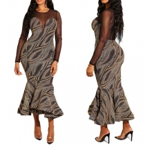Sexy Gauze Spliced Long Sleeve Round Neck Fishtail Hem Printed Party Dress