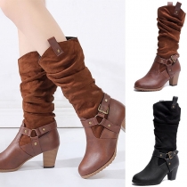 Fashion Thick Heel Round Toe Buckle Strap Boots