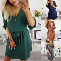 Fashion Solid Color Half Sleeve V-neck Dress