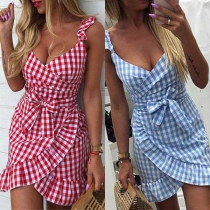 Sexy Backless V-neck Irregular Ruffle Hem Sling Plaid Dress