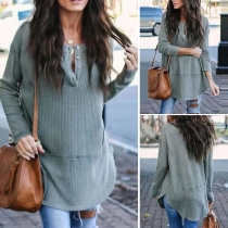 Fashion Solid Color Long Sleeve Round Neck Arc Hem T-shirt