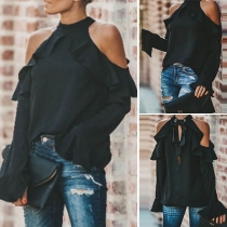 Sexy Off-shoulder Trumpet Sleeve Ruffle Solid Color Top