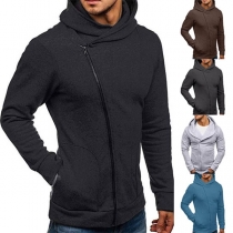 Fashion Solid Color Oblique Zipper Hooded Men's Sweatshirt Coat