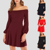 Sexy Off-shoulder Boat Neck Lantern Sleeve Solid Color Dress