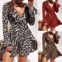 Sexy Deep V-neck Long Sleeve High Waist Leopard Print Dress