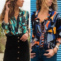 Fashion Colorful Printed Long Sleeve POLO Collar Shirt