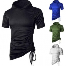Fashion Short Sleeve Irregular Hem Hooded Men's T-shirt 