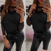 Sexy See-through Gauze Spliced Long Sleeve Round Neck T-shirt