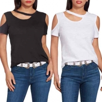 Sexy Off-shoulder Short Sleeve Solid Color Halter T-shirt