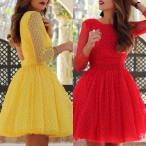 Sexy Backless Long Sleeve Round Neck Dots Printed Princess Dress