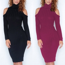 Sexy Off-shoulder Long Sleeve Mock Neck Slim Fit Dress