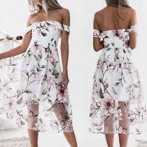 Sexy Off-shoulder Boat Neck High Waist Printed Dress