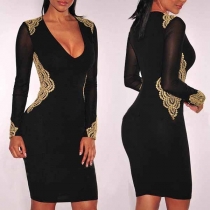 Fashion Long Sleeve Round Neck Lace Spliced Tight Dress