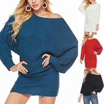 Fashion Solid Color Dolman Sleeve Round Neck Sweater