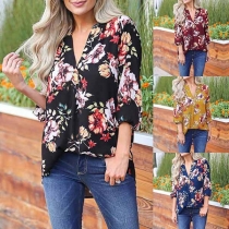Fashion 3/4 Sleeve V-neck Printed Blouse