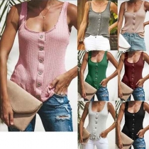 Fashion Solid Color Front-button Round Neck Tank Top