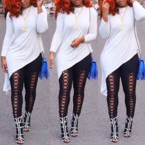 Fashion Solid Color Long Sleeve Round Neck Irregular Hem Top