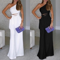 Sexy One-shoulder Lace-up High Waist Solid Color Jumpsuit