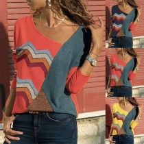 Fashion Contrast Color Long Sleeve Oblique V-neck T-shirt
