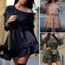 Fashion Solid Color Long Sleeve Oblique Shoulder Ruffle Dress