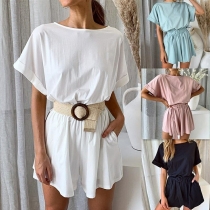 Fashion Solid Color Short Sleeve Round Neck High Waist Romper