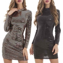 Fashion Long Sleeve Mock Neck Slim Fit Sequin Dress