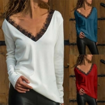 Sexy Lace Spliced V-neck Long Sleeve T-shirt