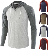 Fashion Contrast Color Long Sleeve Hooded Men's T-shirt