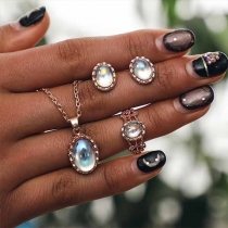 Fashion Imitation Opal Inlaid Necklace + Ring + Stud Earrings Accessory Set