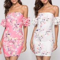 Fashion Contrast Color Boat-neck Off-shoulder Backless Over-hip Dress